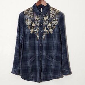 Free People Stevie's Embellished Blue Gray S Plaid Button Down Flannel Pockets